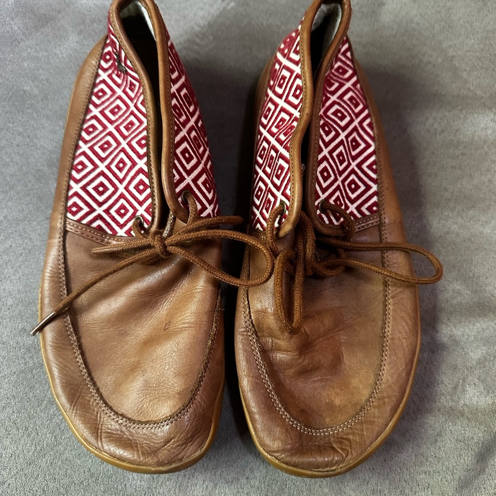 Vivo Barefoot Brown Leather Ladies Shoes with Red Geometric Pattern